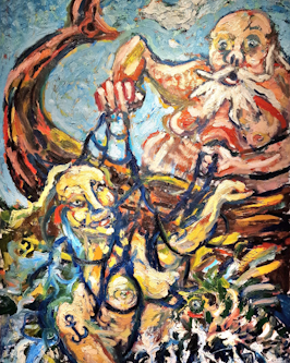 Leevi Kämäräinen: Joulupukki ja merenneito. Öljy kankaalle, 160 x 100 cm, 2024